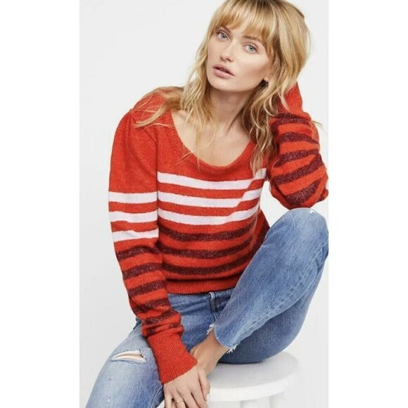 Free People Complete Me Orange Striped Alpaca Wool Blend Sweater Womans Sz M NWT - Picture 1 of 11